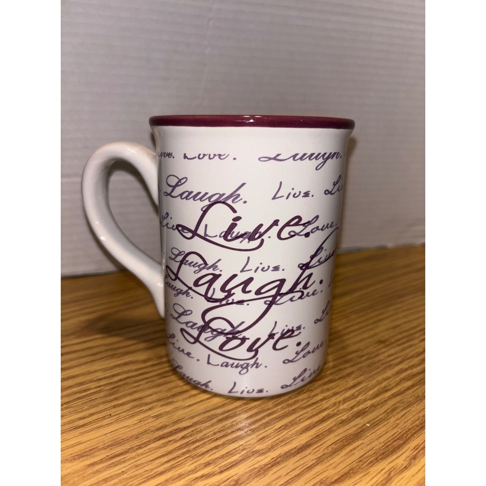 Gibson Home Live Laugh Love Stoneware Mug 16oz White Purple Script Coffee Cup